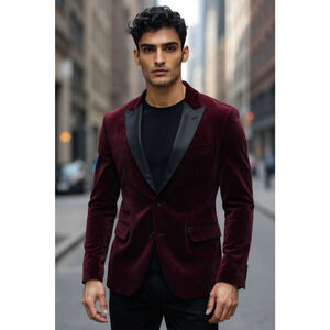 Madison Blazer Mens 40R Burgundy Luxe Velvet Slim Fit Shawl Collar Tuxedo Jacket